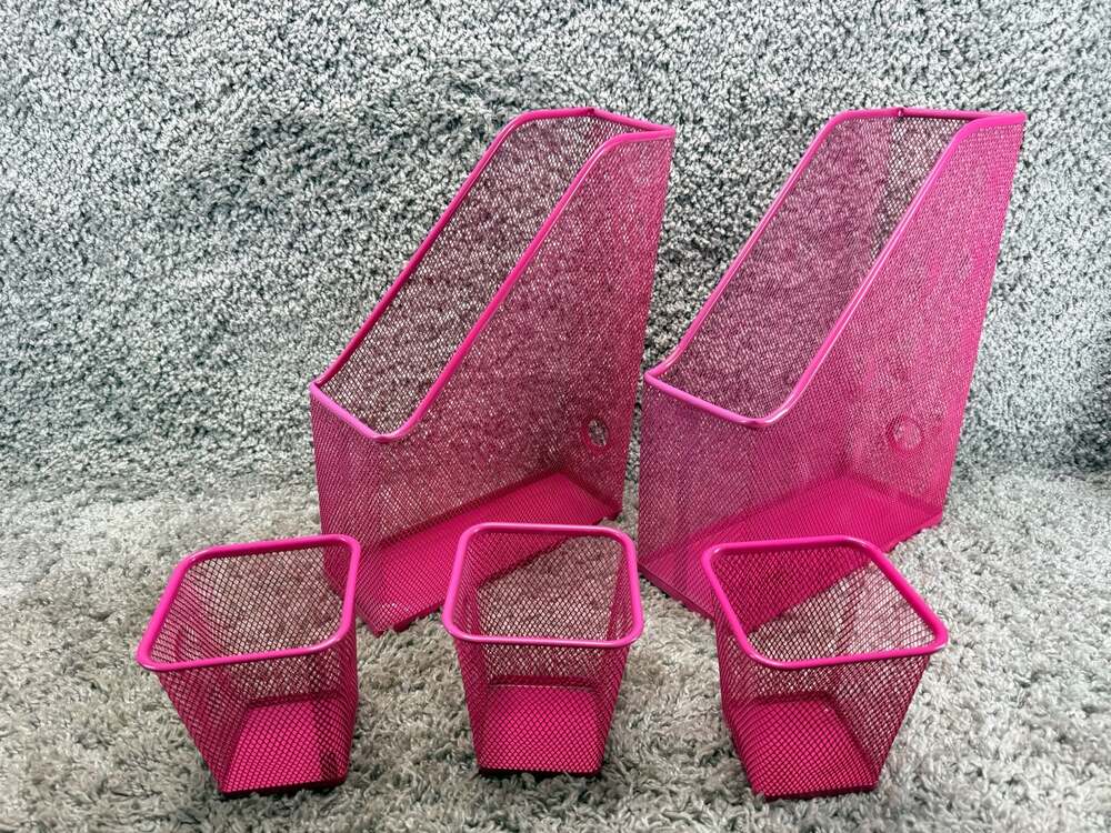 IKEA DOKUMENT Pink Mesh Office Organizer Set - 2 Magazine Files & 3 Pen Cups